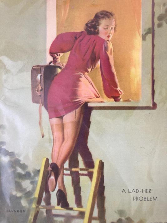 1940’s Pin up art by Gil Elvgren “A Lad-Her Problem,” Vintage Wall Art Glamour Print Retro Girl Mid Century