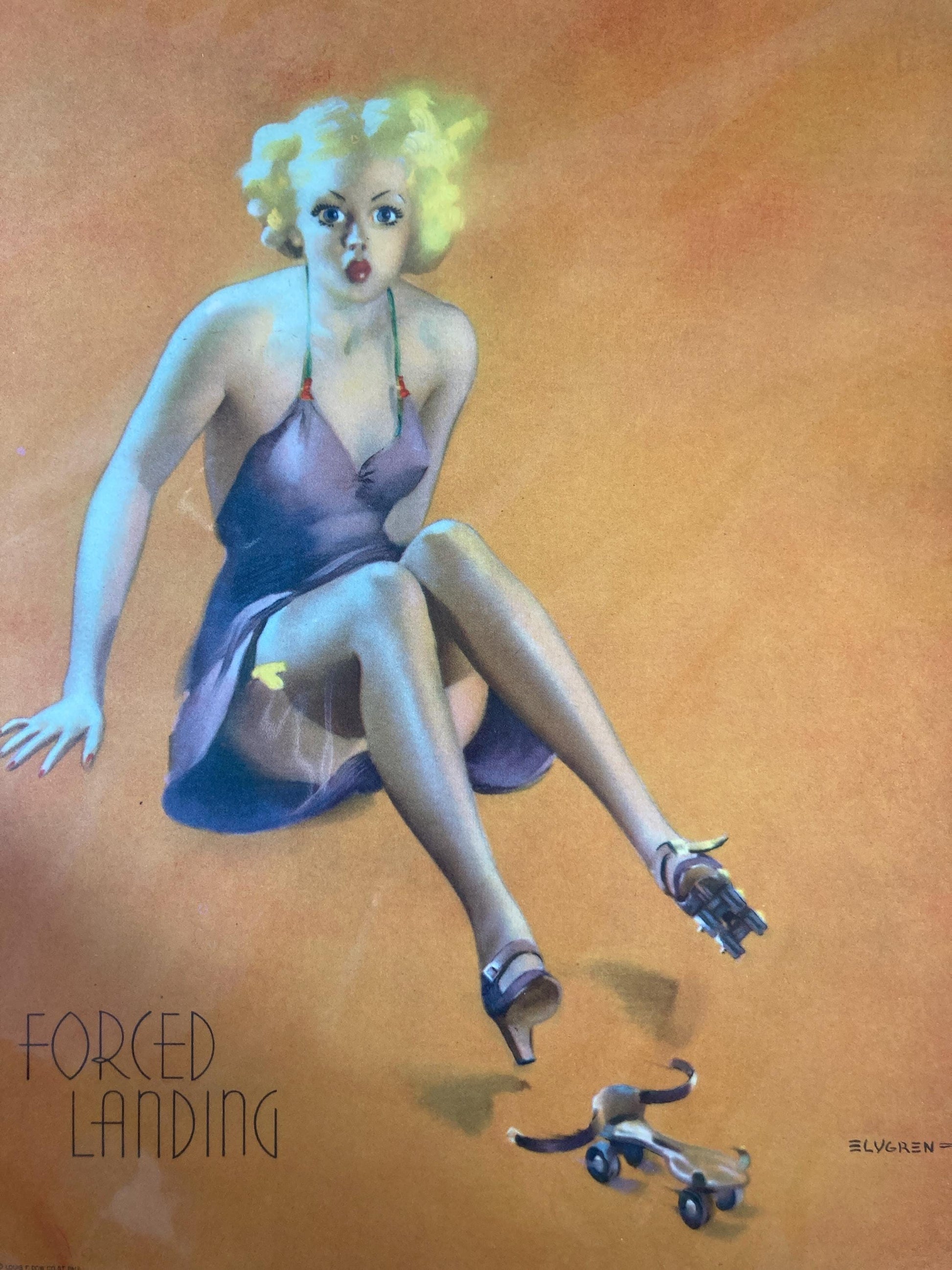 1940’s Pin up art by Gil Elvgren “Forced Landing,” Vintage Wall Art Glamour Print Retro Girl Mid Century